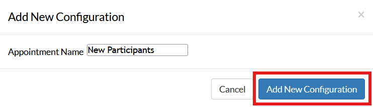 Screenshot of the add new configuration pop-up in Mosio, with the Add New Configuration button highlighted