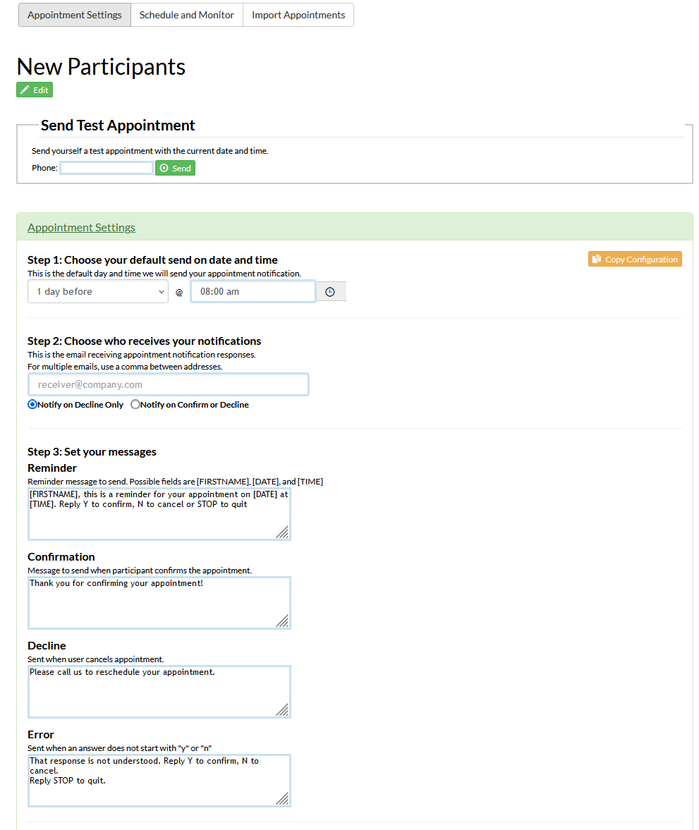 Screenshot of the appointment reminder configuration page in Mosio with default values