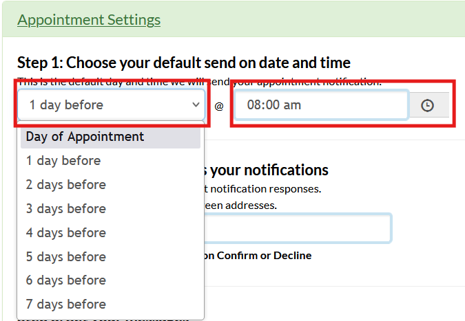 Screenshot of the appointment reminder configuration page in Mosio, with the day and time fields highlighted.