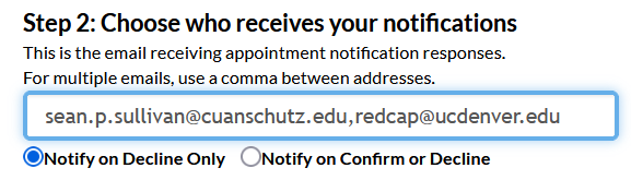 Screenshot of the appointment reminder configuration page in Mosio, with the email address text field having the two emails written, separated by a comma