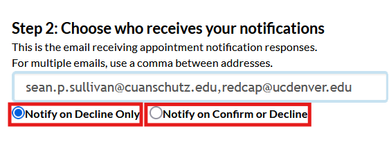 Screenshot of the appointment reminder configuration page in Mosio, with the notify on decline only and notify on confirm or decline radio buttons highlighted