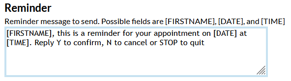 Screenshot of the appointment reminder configuration page in Mosio, zoomed in on the Reminder section of the page with the default message