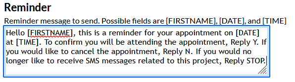 Screenshot of the appointment reminder configuration page in Mosio, zoomed in on the Reminder section of the page with a custom message