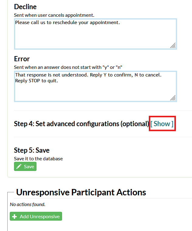 Screenshot of the appointment reminder configuration page in Mosio, zoomed in on the advanced configurations section of the page, with the [show] text highlighted