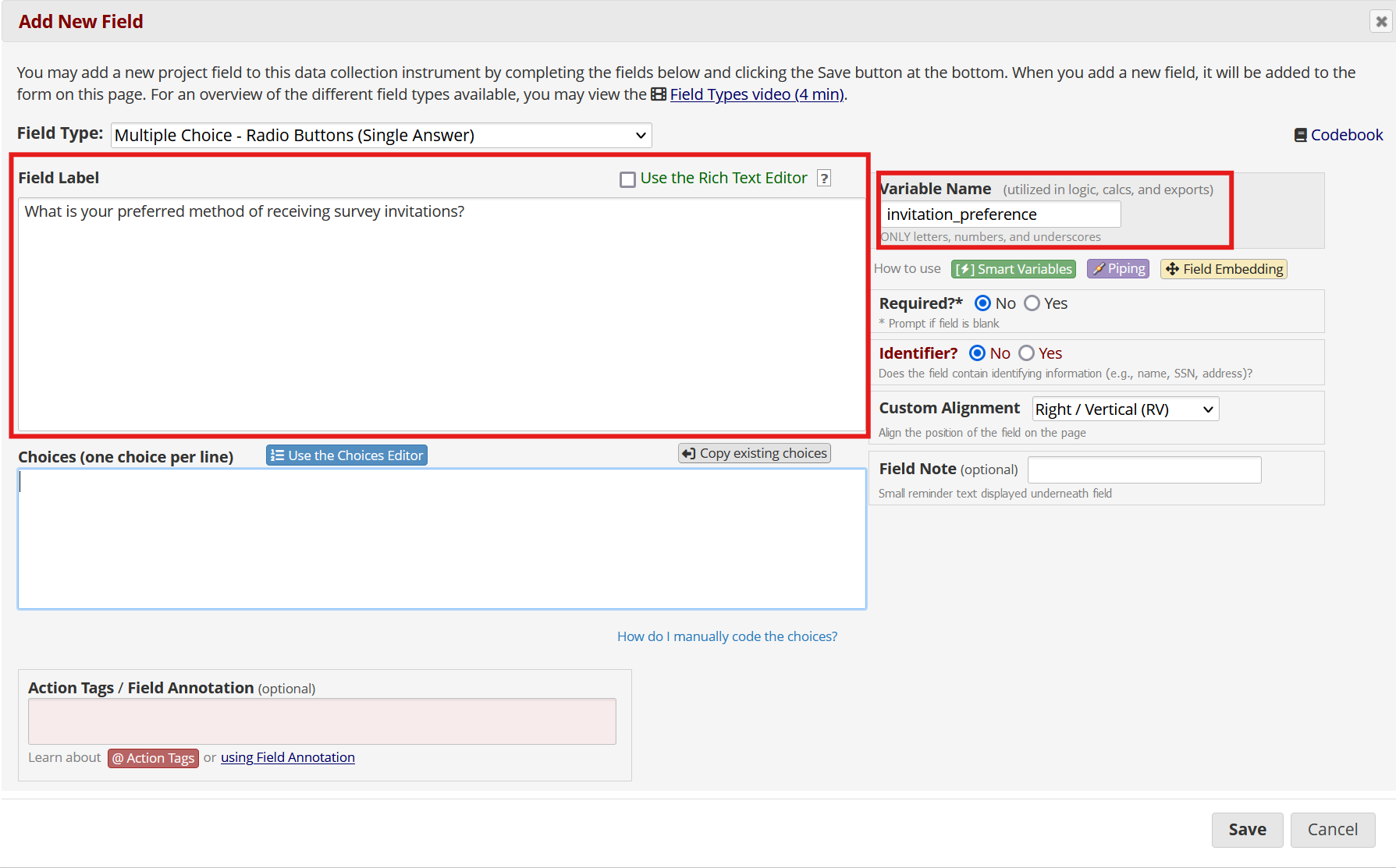 Screenshot of the field editor in REDCap with the field label and field name highlighted