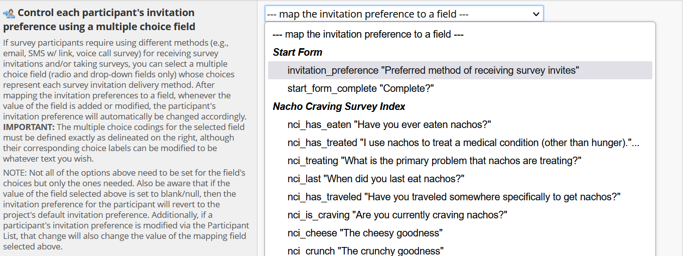 Screenshot of the SMS settings in REDCap, with the invitation preference dropdown menu open