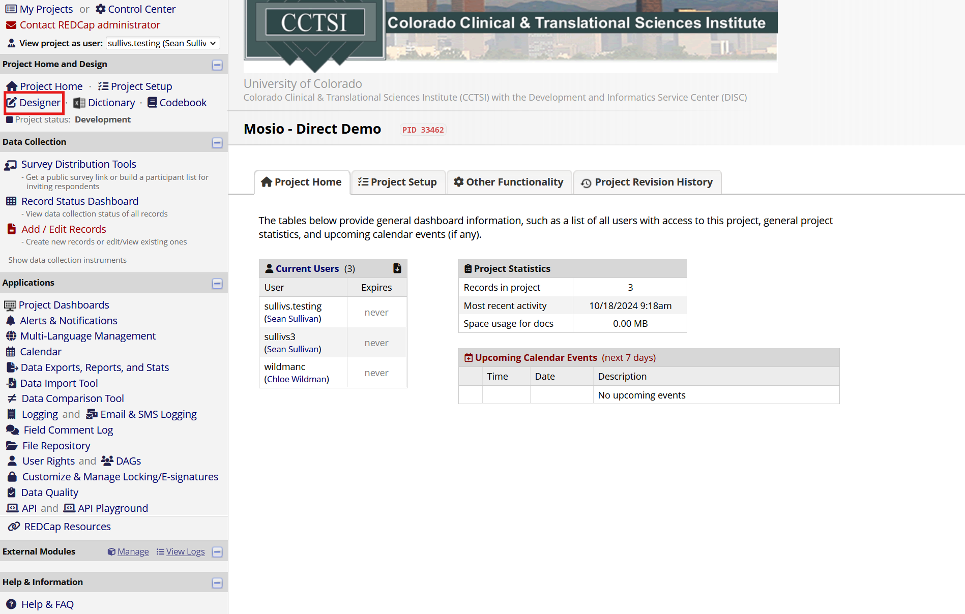 Screenshot of a REDCap Project homepage, with the Designer hyperlink highlighted