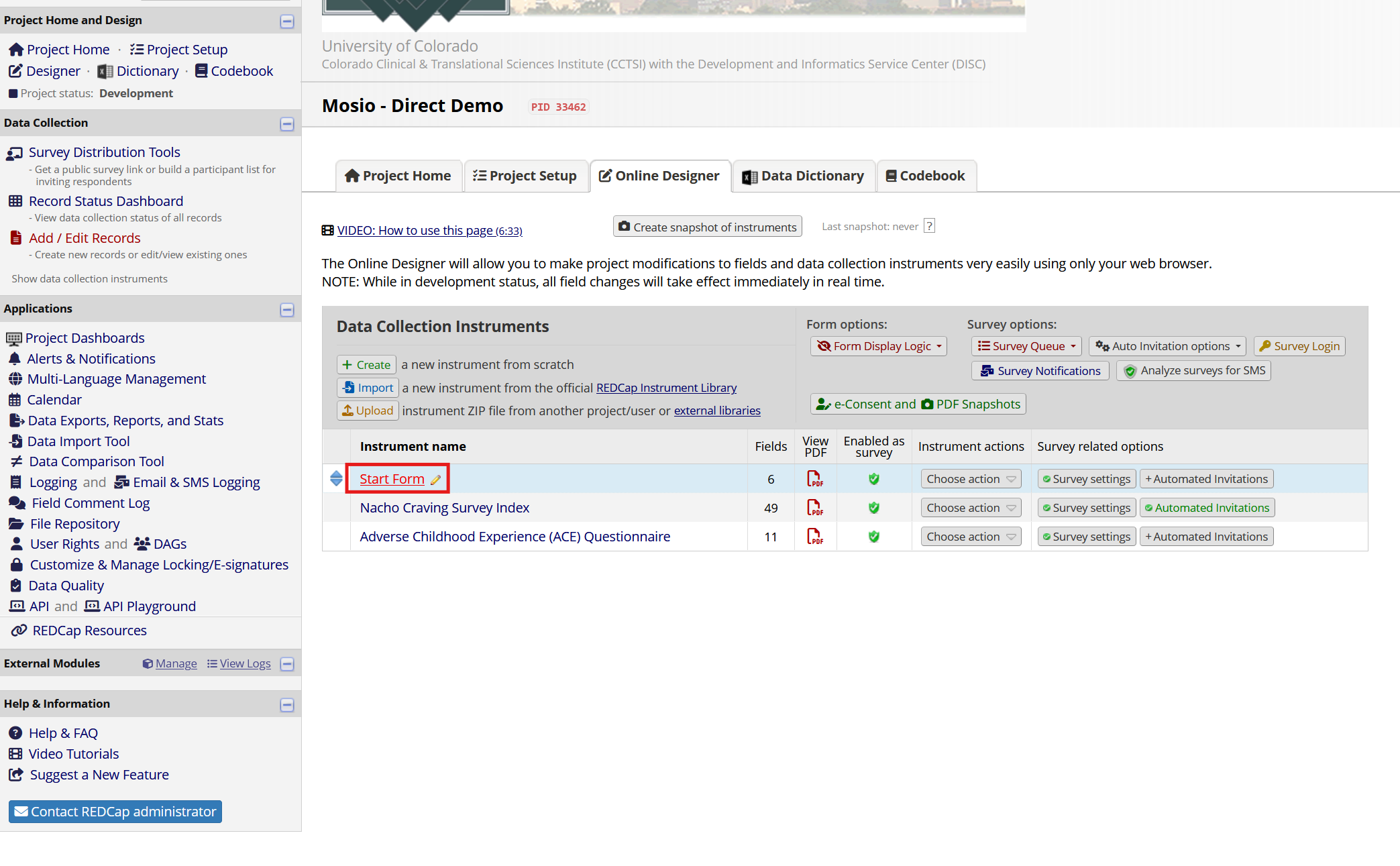 Screenshot of the REDCap designer page, with the name of an instrument highlighted