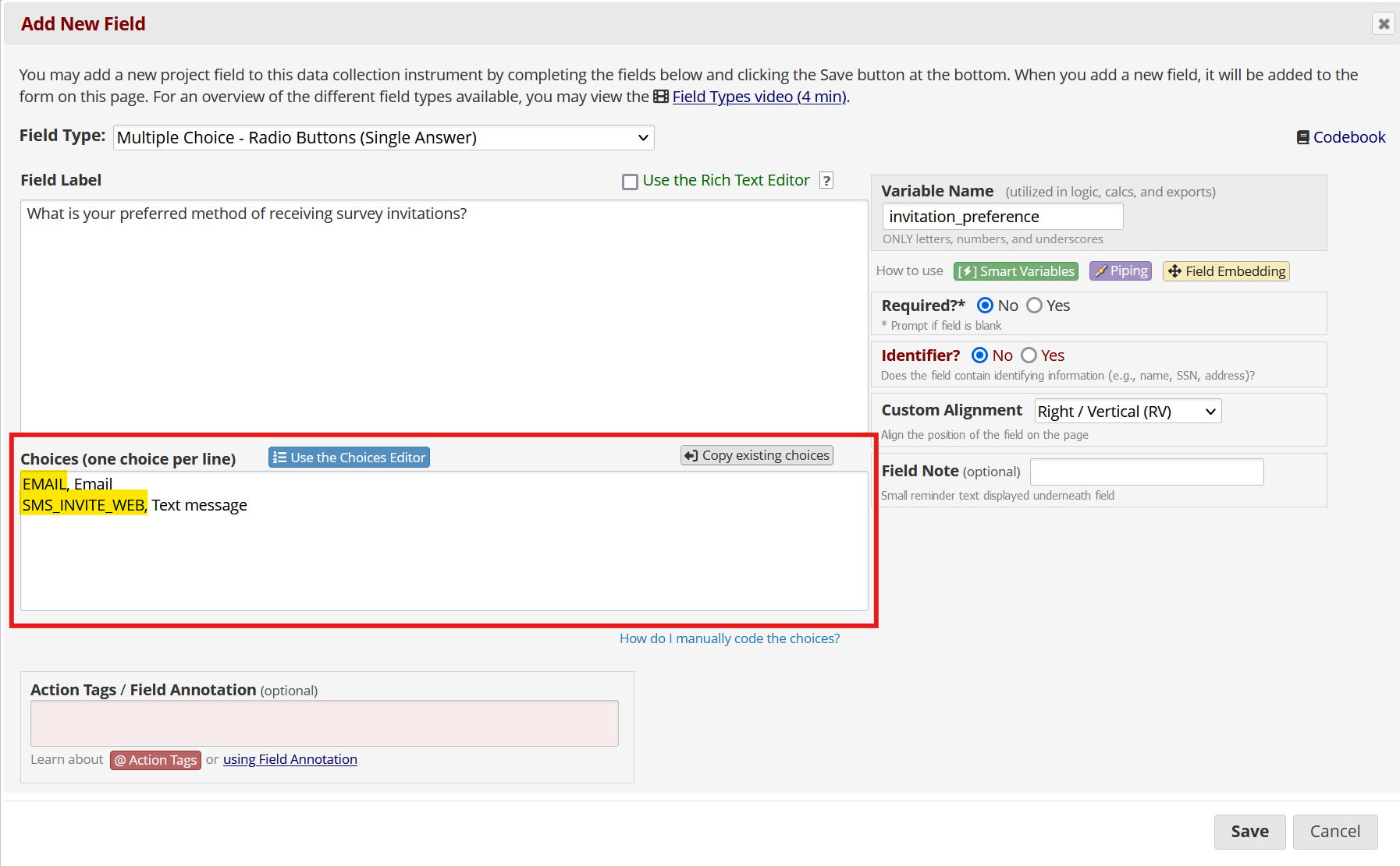 Screenshot of the field editor with EMAIL and SMS field choices highlighted in the Choices section of the editor