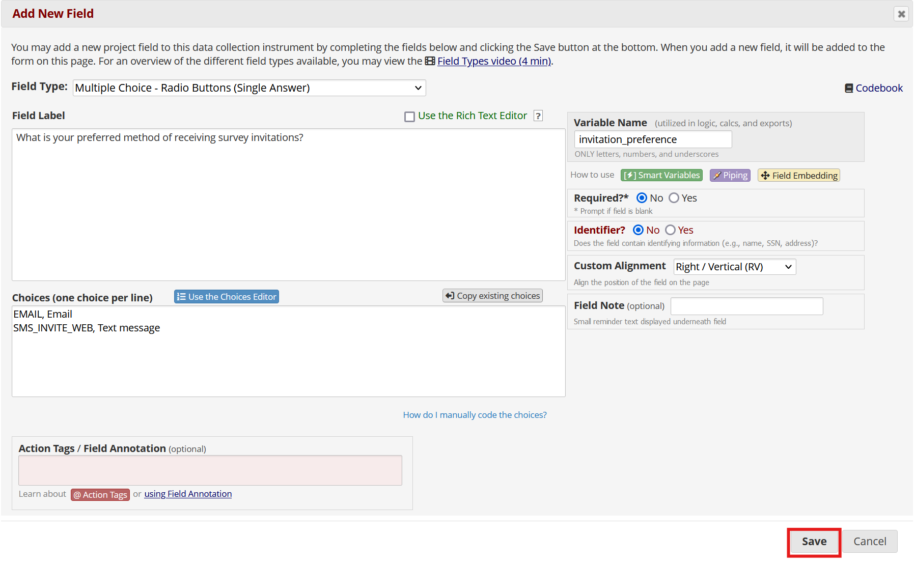 Screenshot of the field editor with the save button highlighted