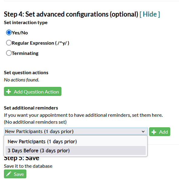 Screenshot of the appointment reminder configuration page in Mosio, zoomed in on the advanced configurations section of the page, with the advanced configuration options expanded
