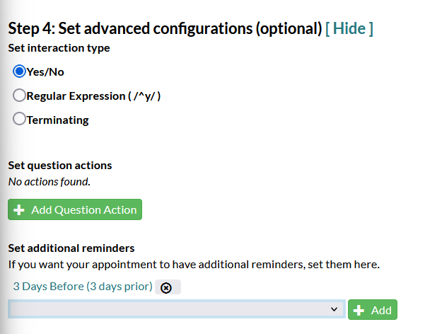 Screenshot of the appointment reminder configuration page in Mosio, zoomed in on the advanced configurations section of the page, with an additional reminder selected