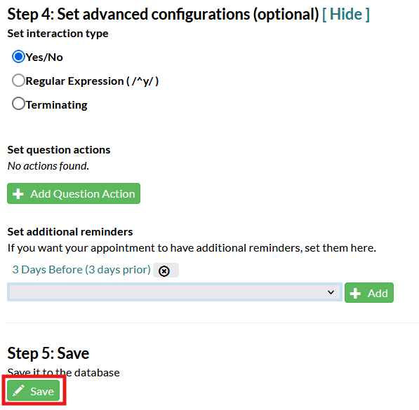 Screenshot of the appointment reminder configuration page in Mosio, zoomed in on the advanced configurations section of the page, with the save button highlighted