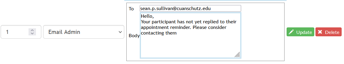 Screenshot of the appointment reminder configuration page in Mosio, with the add unresponsive and email admin action selected, and text entered into the to and body text fields