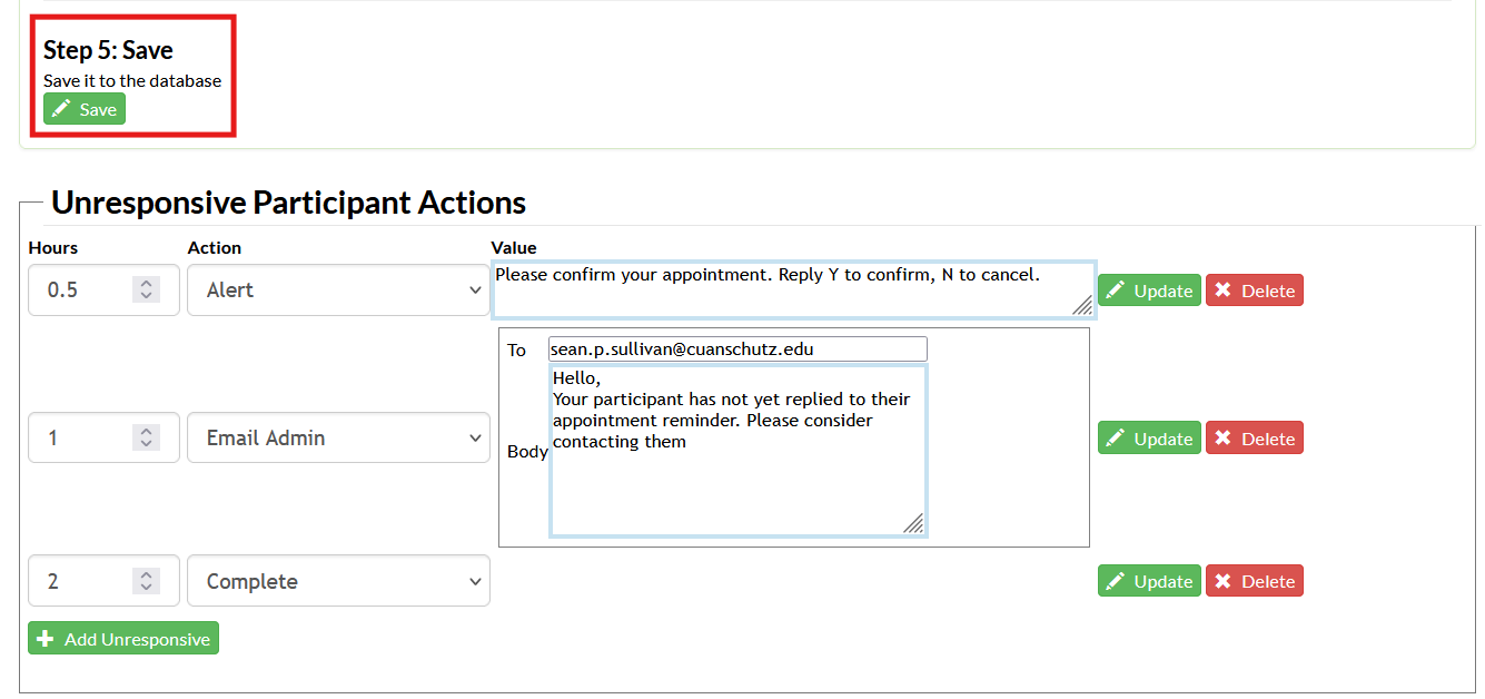 Screenshot of the appointment reminder configuration page in Mosio, with multiple unresponsive actions configured. The save button/step 5 on the page is highlighted.