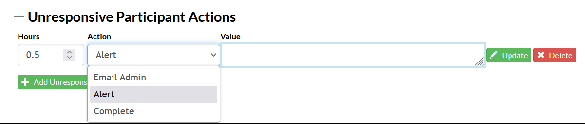 Screenshot of the appointment reminder configuration page in Mosio, with the add unresponsive selected, and the action dropdown menu expanded/alert option selected