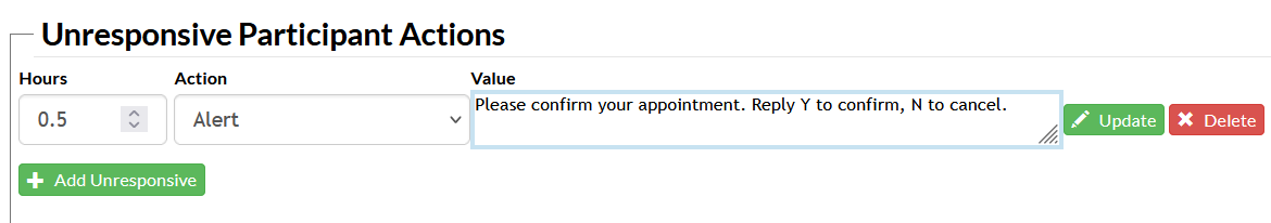Screenshot of the appointment reminder configuration page in Mosio, with the add unresponsive and alert action selected, and custom text in the value field