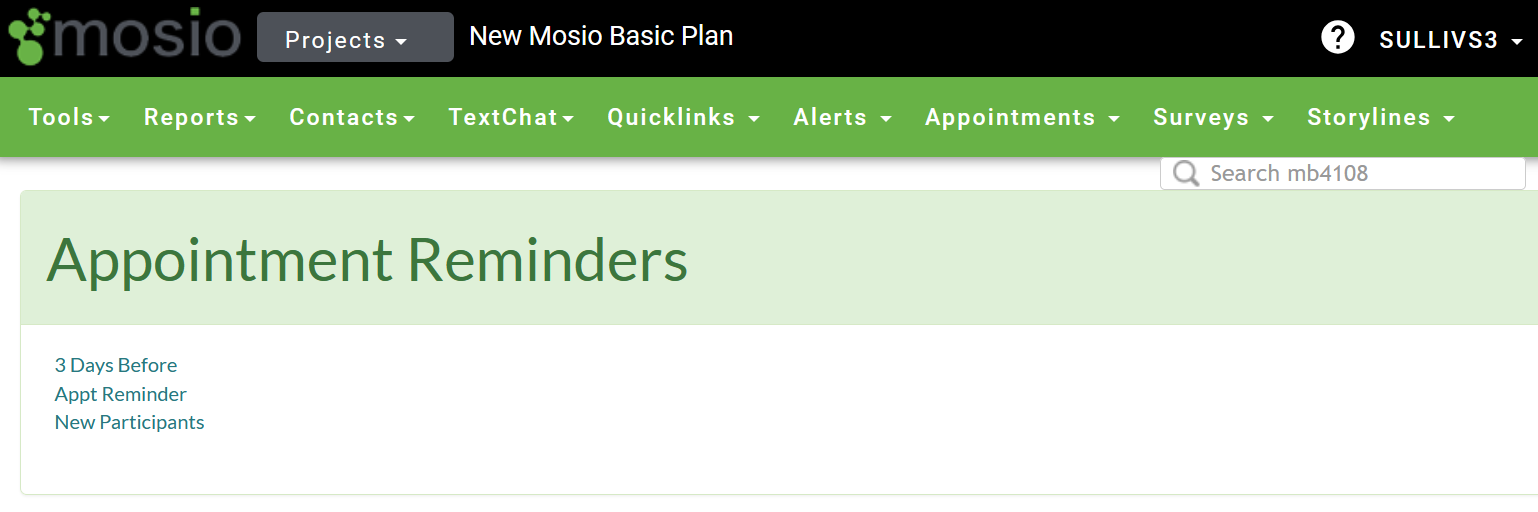Screenshot of the appointment reminders overview page in Mosio