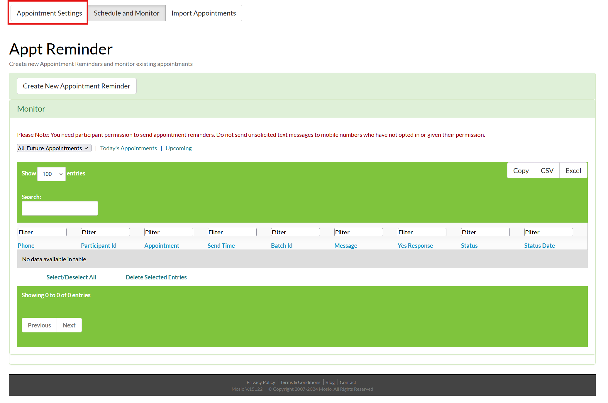 Screenshot of the schedule and monitor page of an appointment reminder in Mosio. The appointment settings option is highlighted.