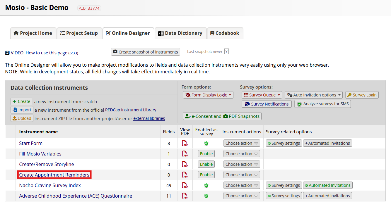 Screenshot of the REDCap designer page, with the name of an instrument highlighted