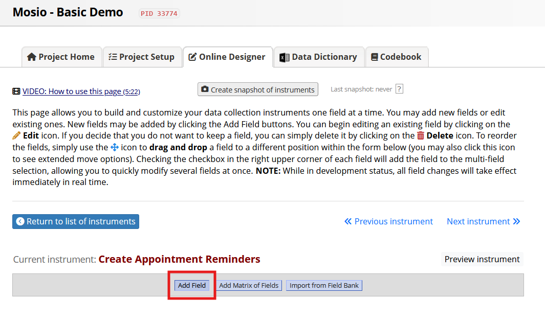 Screenshot of the REDCap designer/field edit page, with the Add field button highlighted