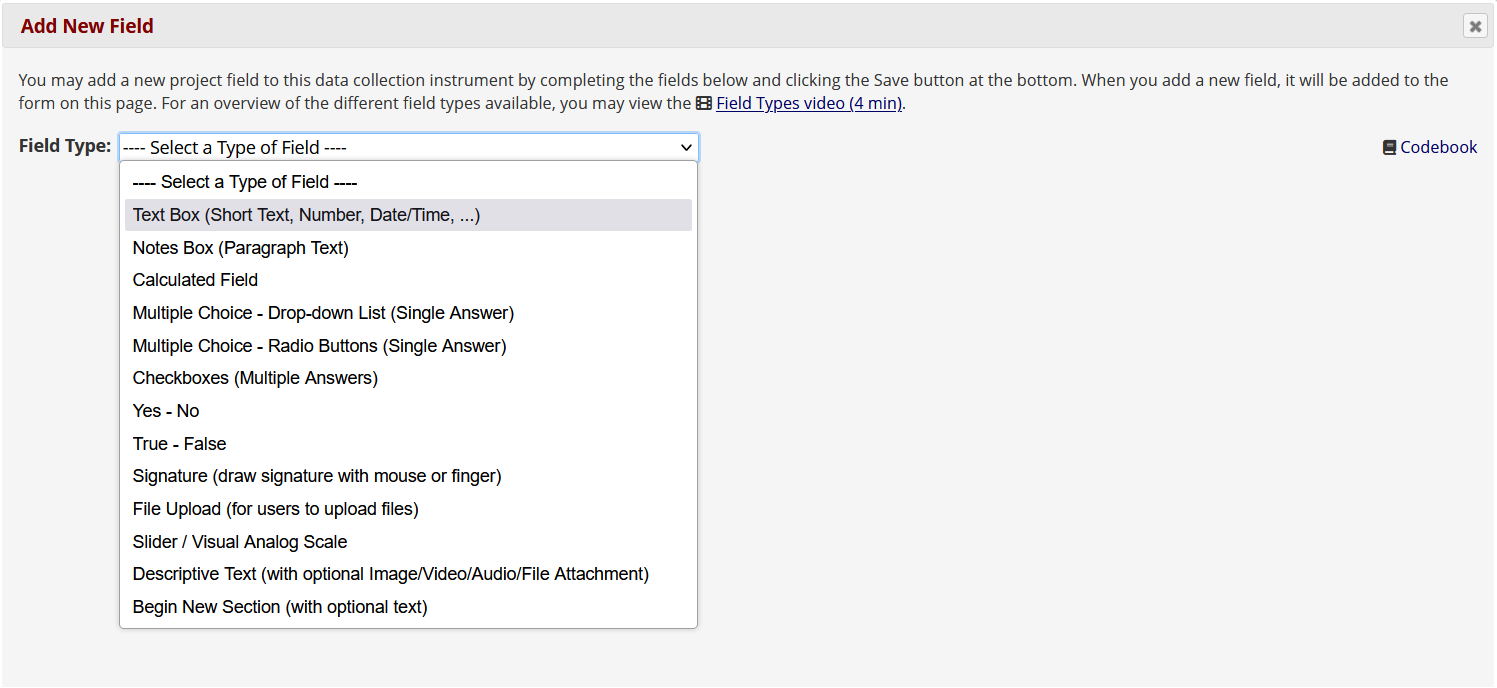 Screenshot of the field editor in REDCap, with the field type dropdown expanded and the text box option selected from the dropdown