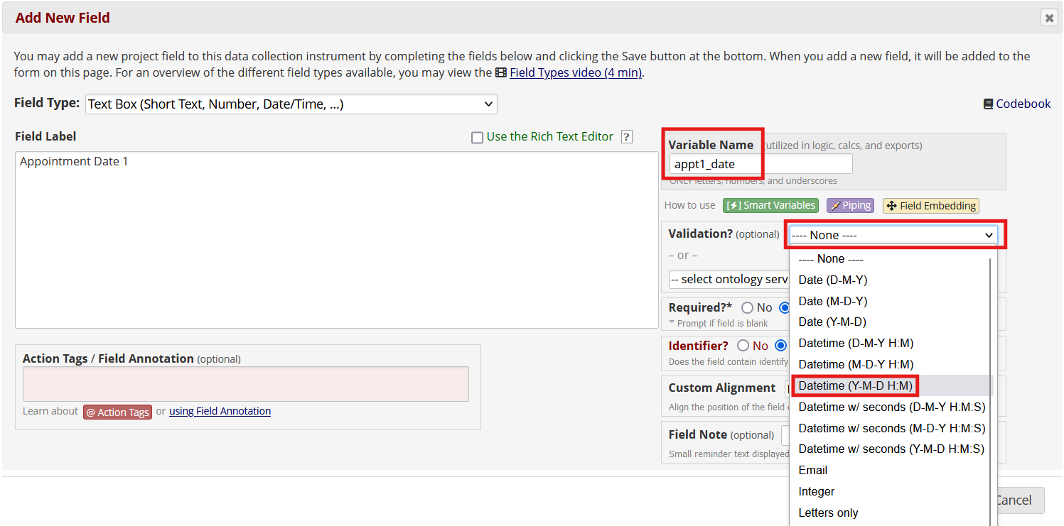 Screenshot of the field editor in REDCap, with the variable name, validation dropdown, and datetime validation option highlighted