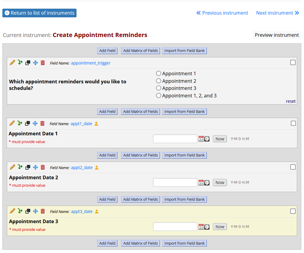 Screenshot of the instrument editor with a radio button field and several date validated fields