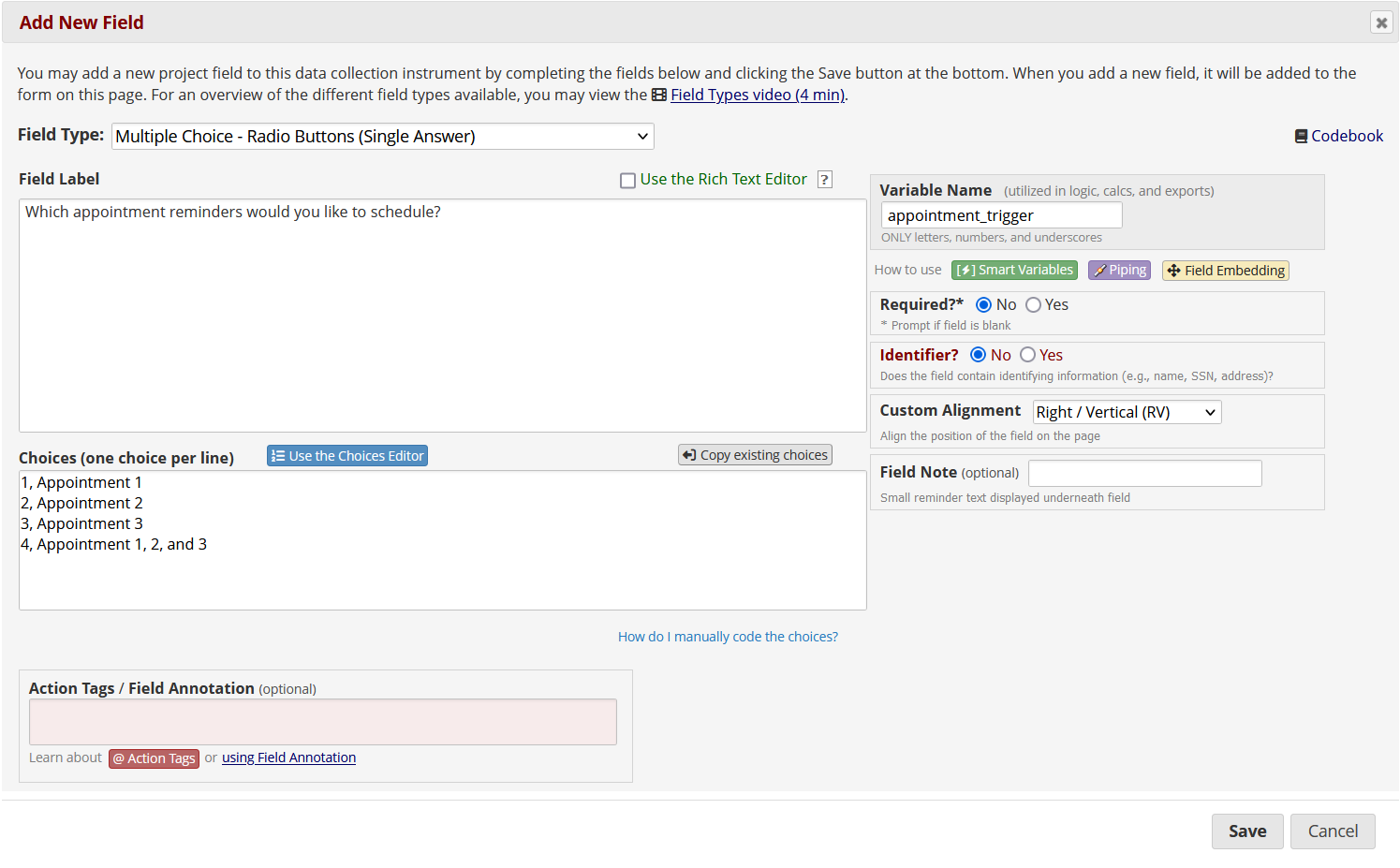 Screenshot of the field editor for a multiple choice field listing several response options