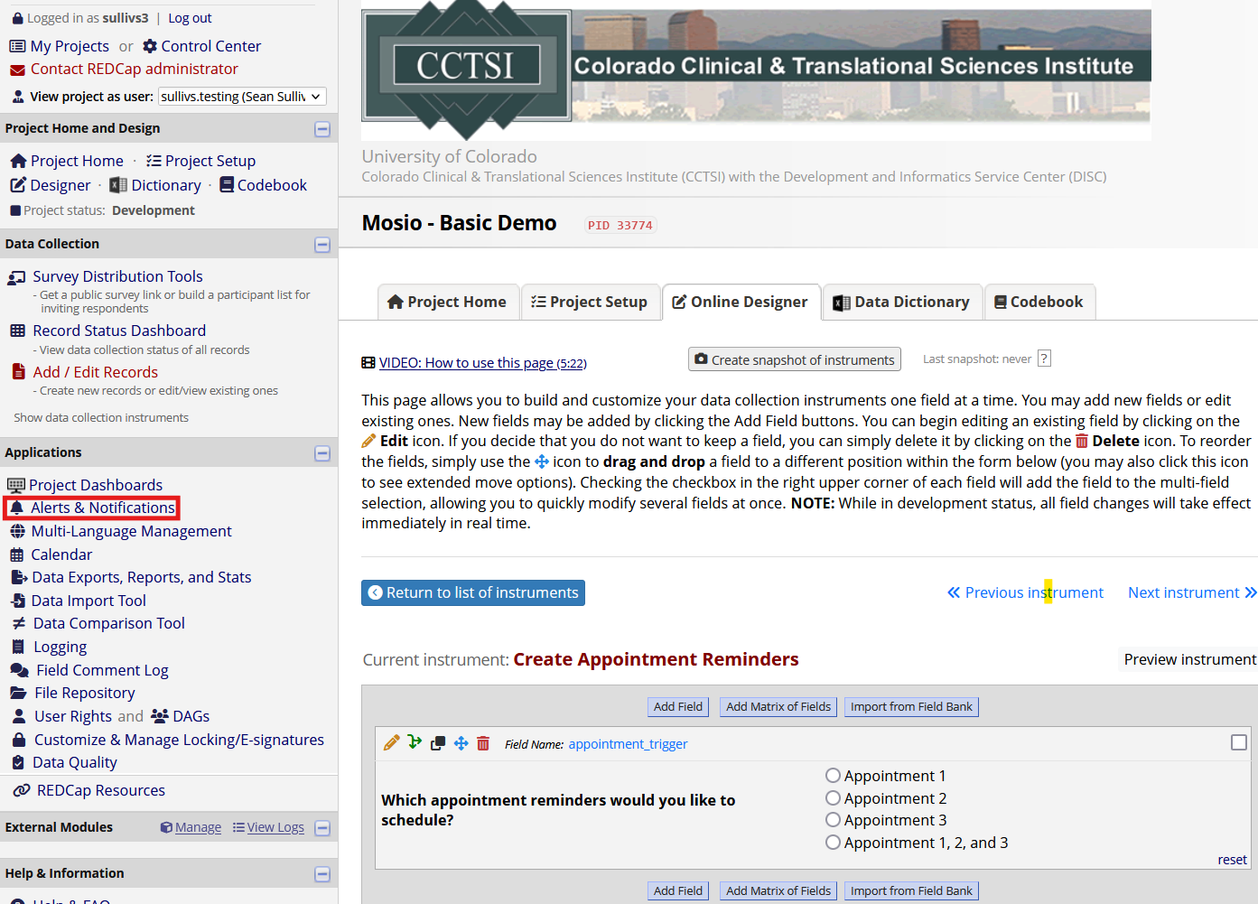 Screenshot of the instrument editor, with the Alerts & Notifications hyperlink on the left sidebar highlighted