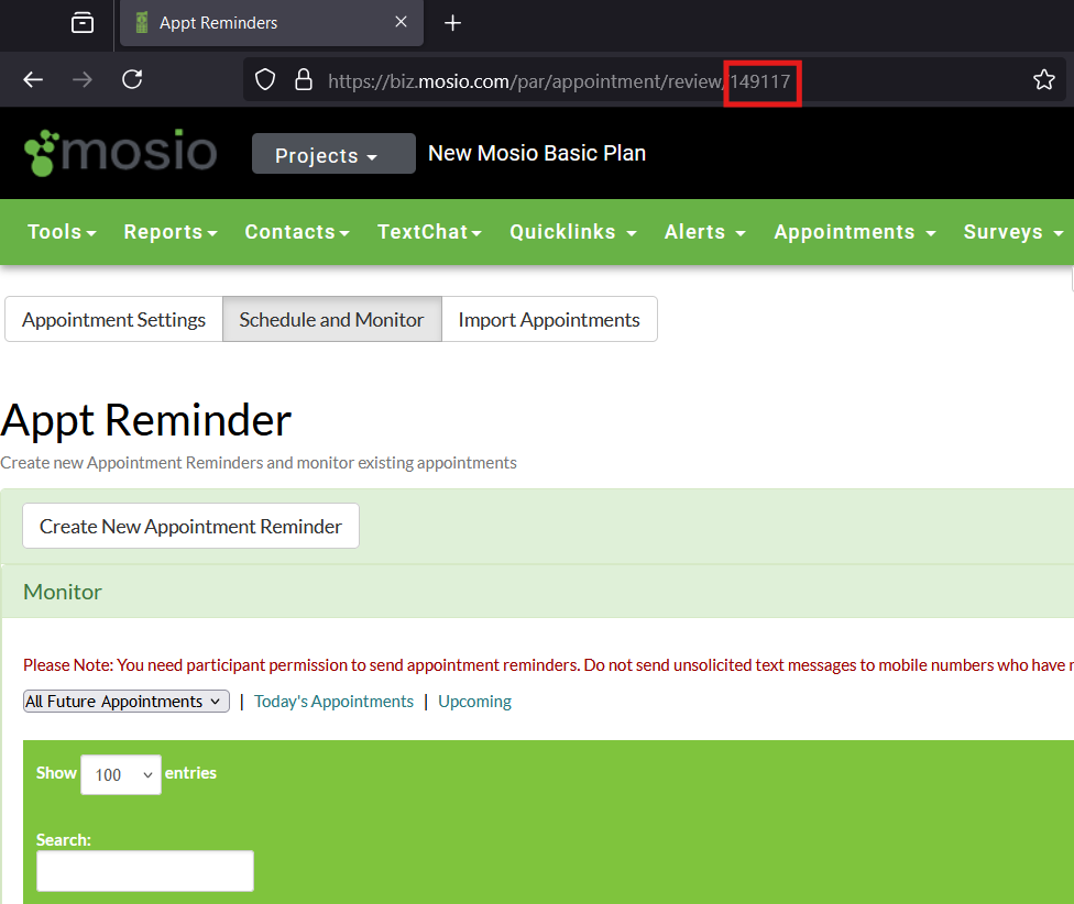 Screenshot of the enroll and monitor page of an appointment reminder in Mosio, which includes the URL bar of the browser. The numeric string at the end of the ULR is highlighted.