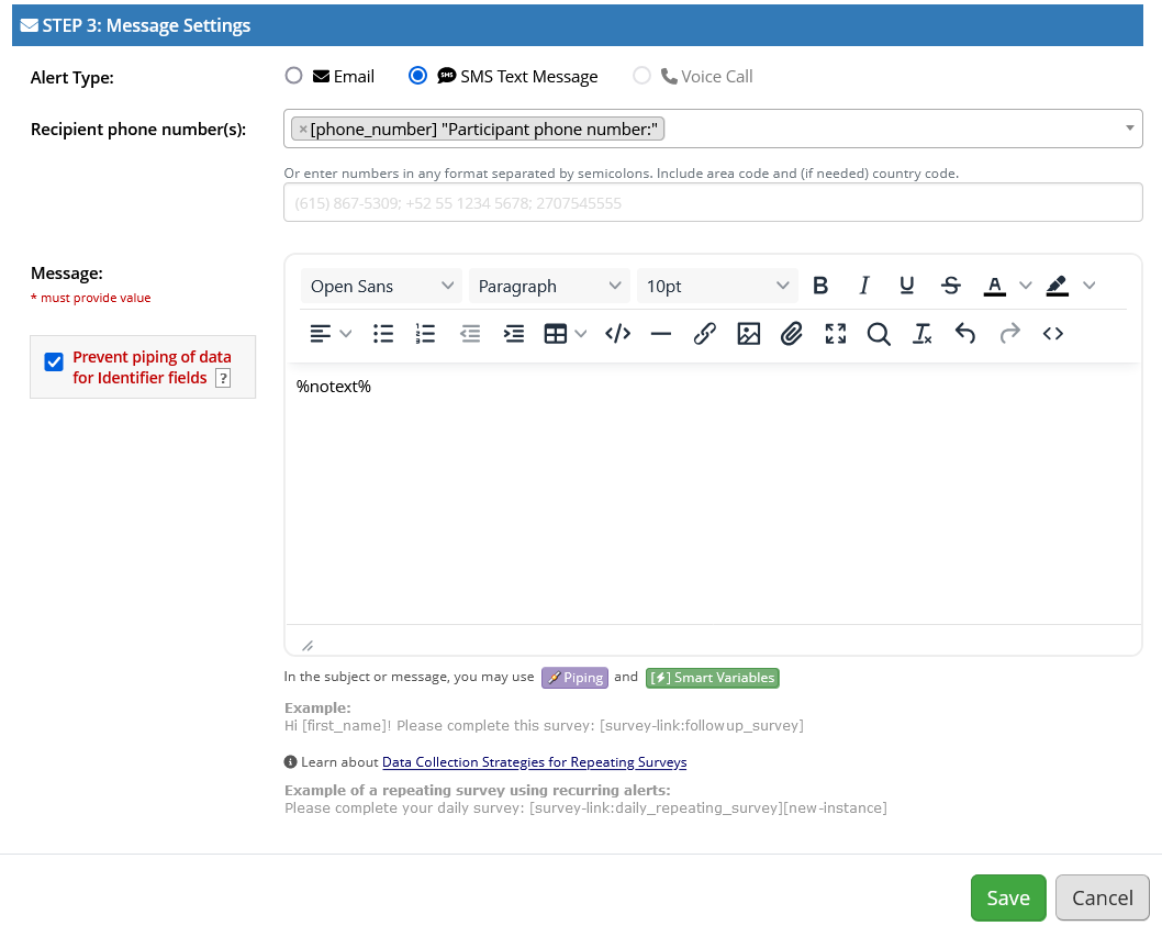 Screenshot of Step 3 of a REDCap alert configuration, with %notext% in the body of the message
