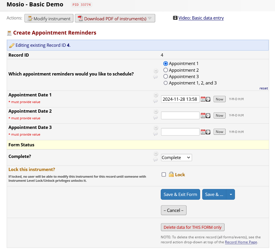 Screenshot of a REDCap data entry form containing a radio button form with several response options, along with several date fields. Values are entered into the multiple choice field, and one date field