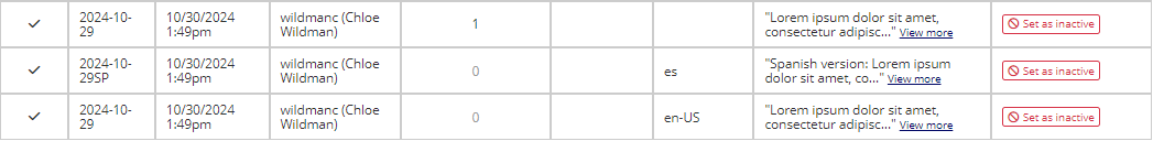 Table of consent version information where 'Set consent form as inactive' is an available option