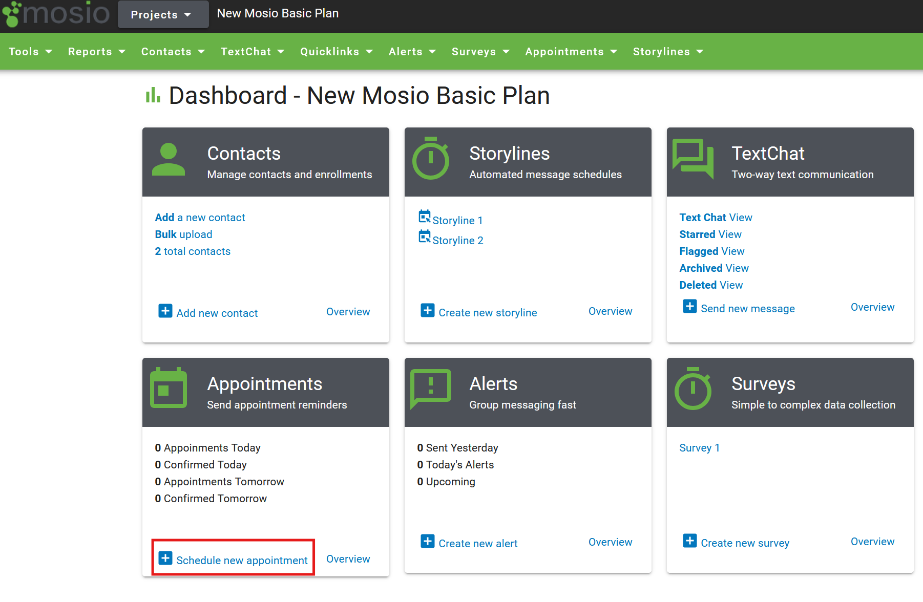 Screenshot of a Mosio project dashboard with the Schedule new appointment text highlighted