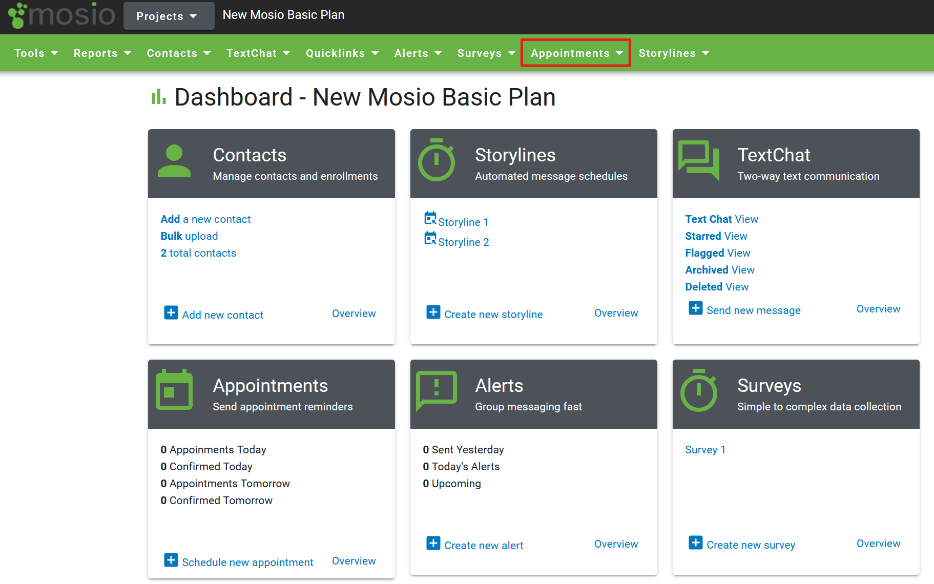 Screenshot of a Mosio project dashboard with the Appointments dropdown menu highlighted.
