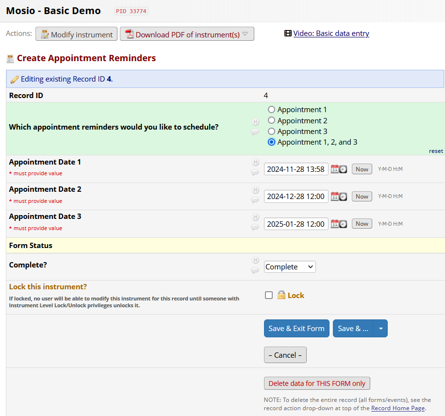 Screenshot of a REDCap data entry form containing a radio button form with several response options, along with several date fields. Values are entered into the multiple choice field, and all date fields