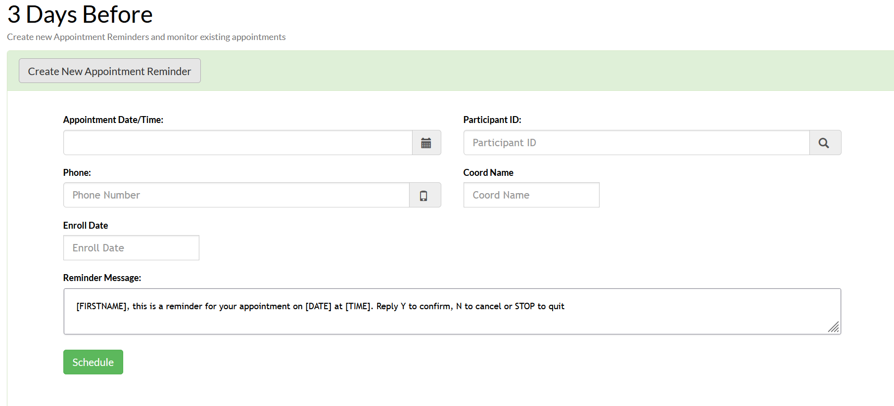 Screenshot of the fields that generate weh the create new appointment reminder button is pressed in Mosio