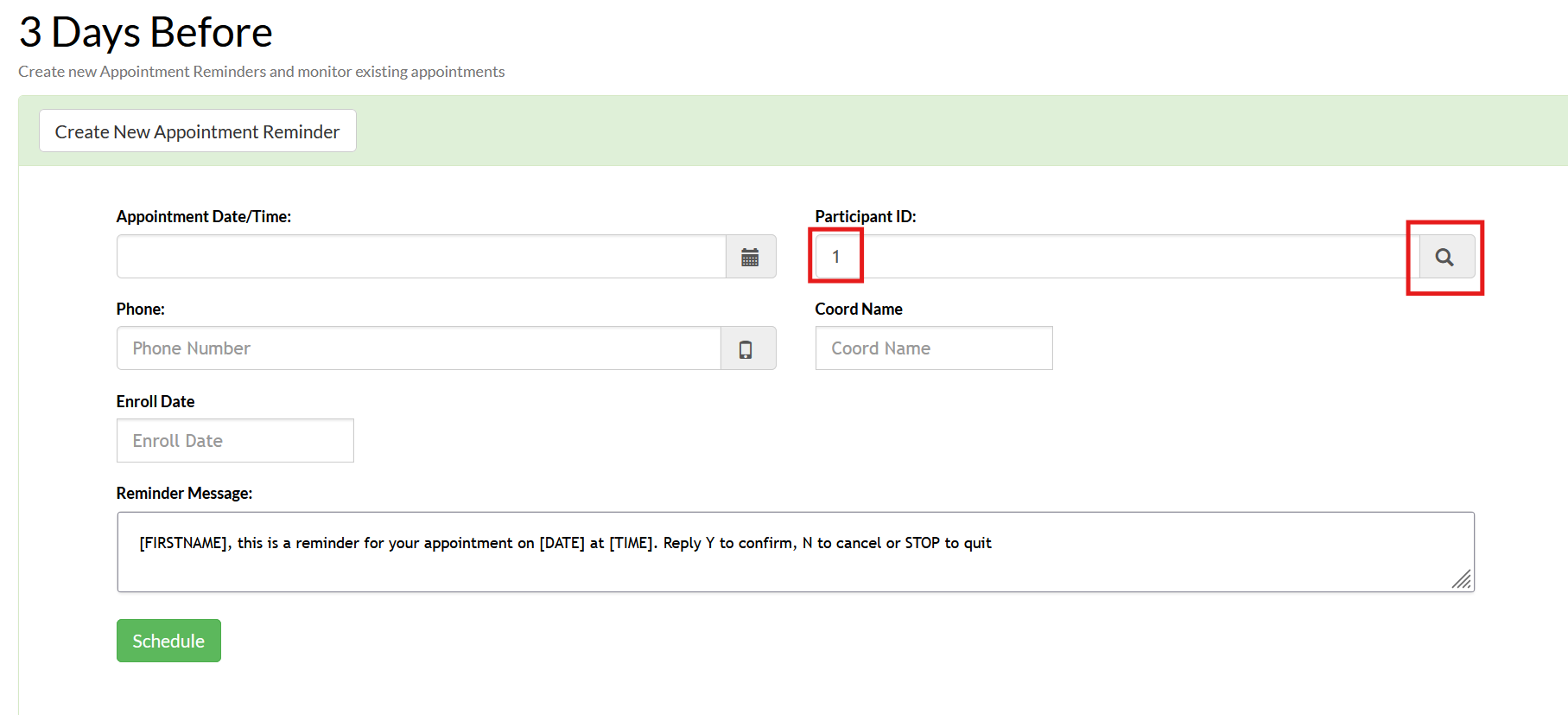 Screenshot of of the user interface for creating an appointment reminder in Mosio, with Participant ID and the search button highlighted