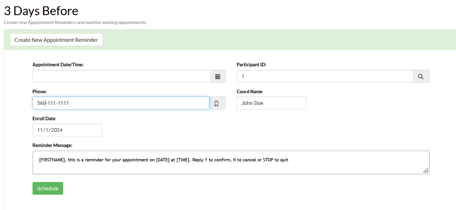 Screenshot of the user interface for creating an appointment reminder in Mosio, with all fields filled out, excluding appointment date/time