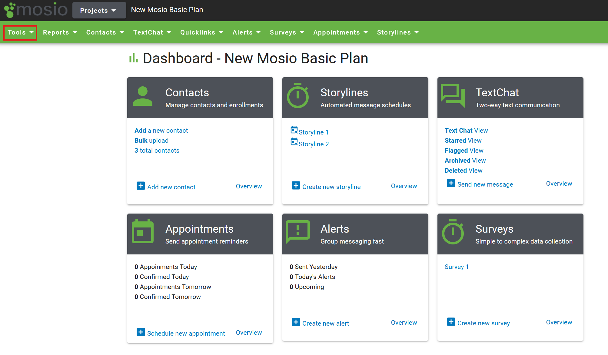 Screenshot of the Mosio project dashboard, with an added box highlighting the dropdown menu labeled tools