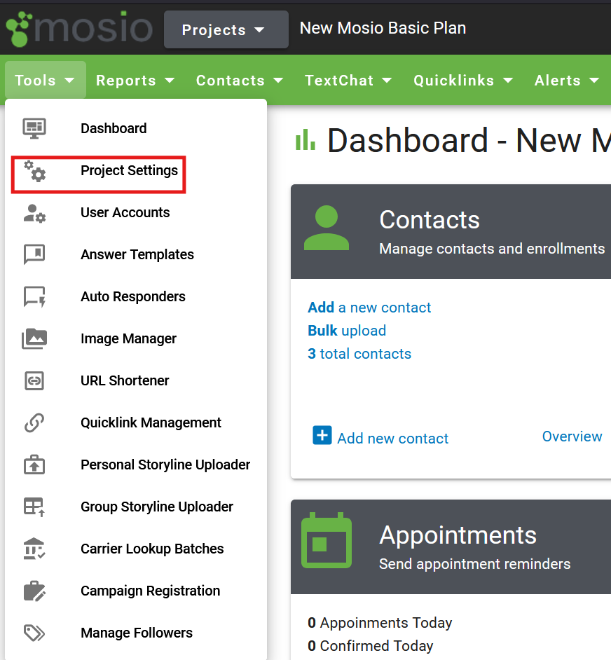 Screenshot of the Mosio project dashboard, with the tools dropdown menu selected, and a box highlighting the project settings option