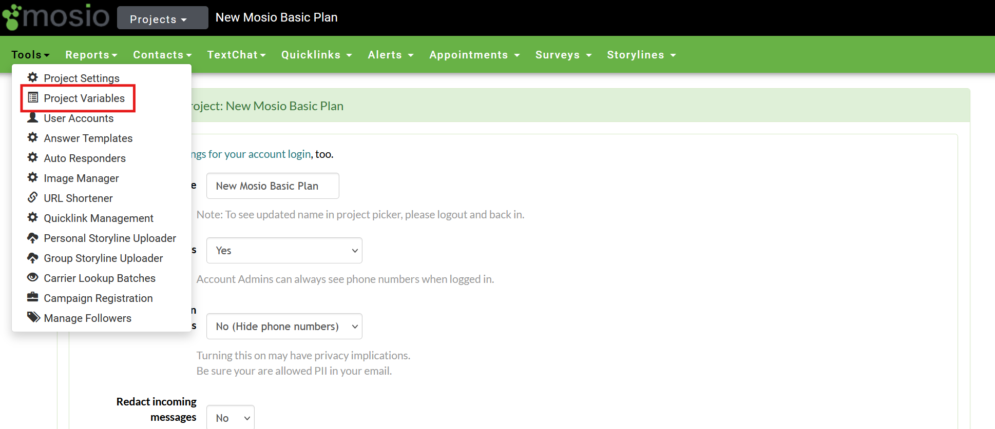 Screenshot of the Mosio project settings page, with the Tools dropdown menu expanded, and the Project Variables option highlighted