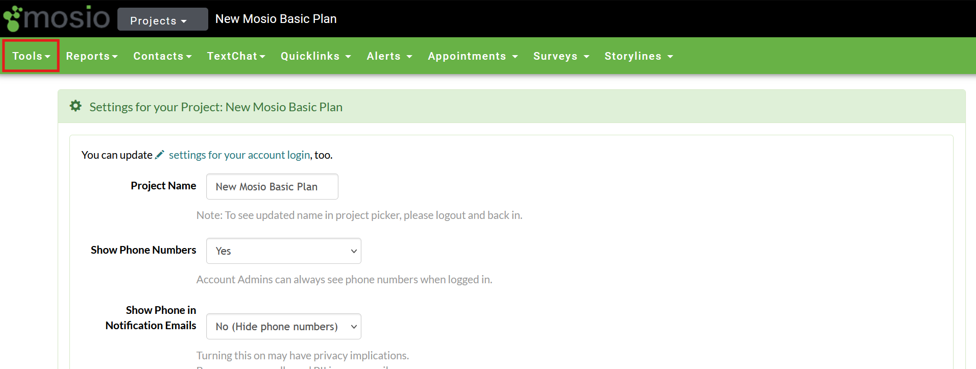 Screenshot of the Mosio project settings page, with the Tools dropdown menu highlighted