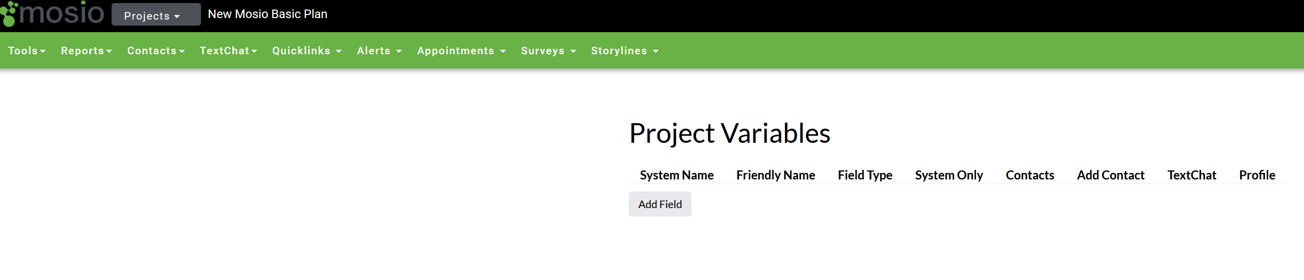 Screenshot of the Mosio project variables page