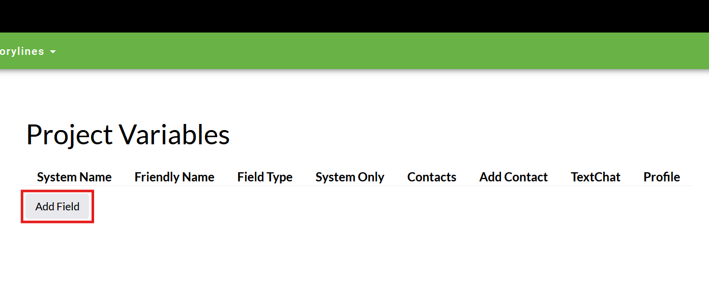 Screenshot of the Mosio project variables page with Add Field highlighted