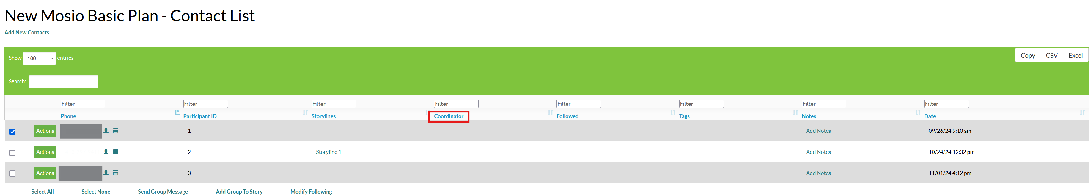 Screenshot of a Mosio contact list, with a column labeled coordinator highlighted