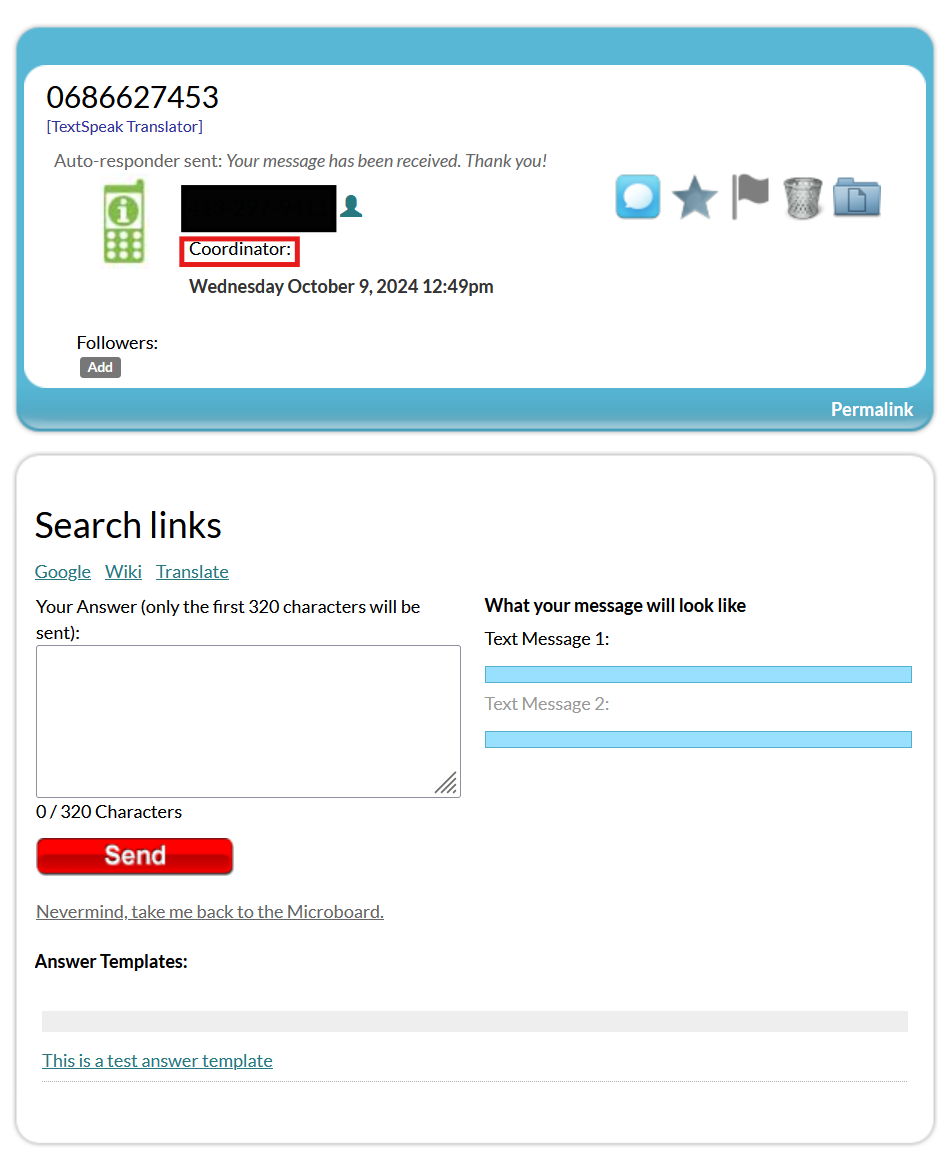 Screenshot of Mosio's TextChat page, with the text coordinator highlighted.