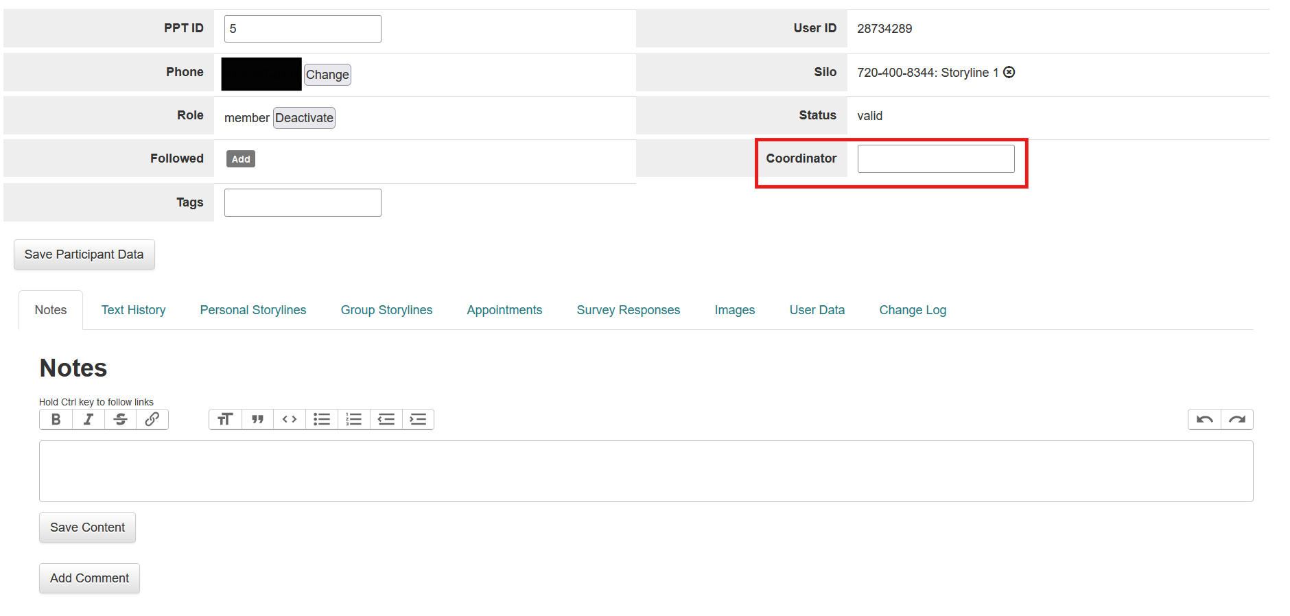 Screenshot of a Mosio participant profile, with the coordinator text field highlighted