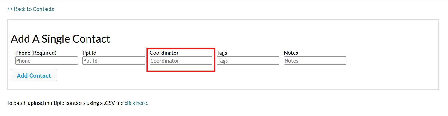 Screenshot of the add contact fields, with the coordinator text field highlighted